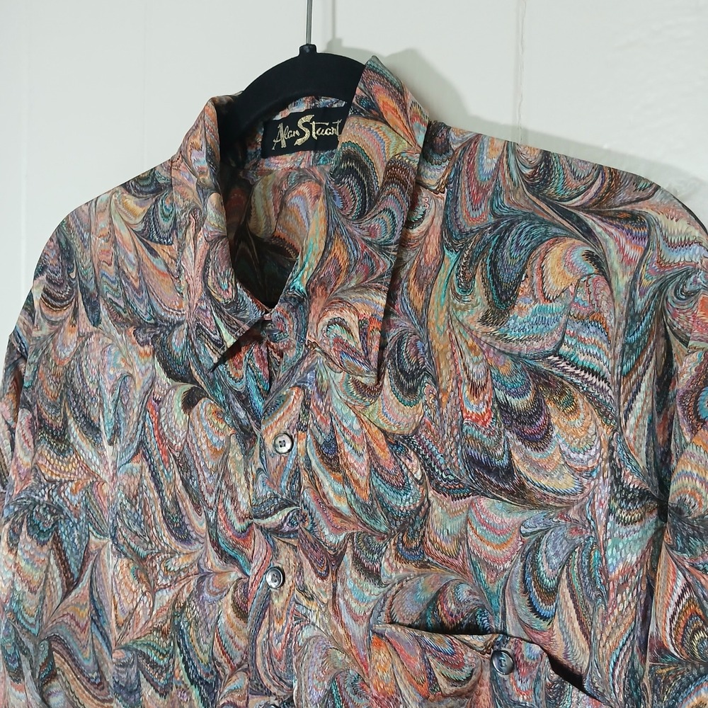 Alan Stuart Button Up Shirt Mens XL Multi Color Marbled Swirl Banded Hem Vintage